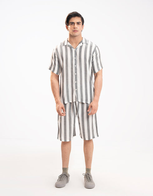 TEXTURED STRIPED CAMP COLLAR SHIRT